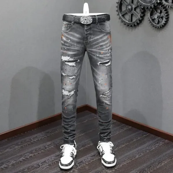 Design Distressed Paint-Splatter Gray Skinny Jeans with Embellished Belt - 1