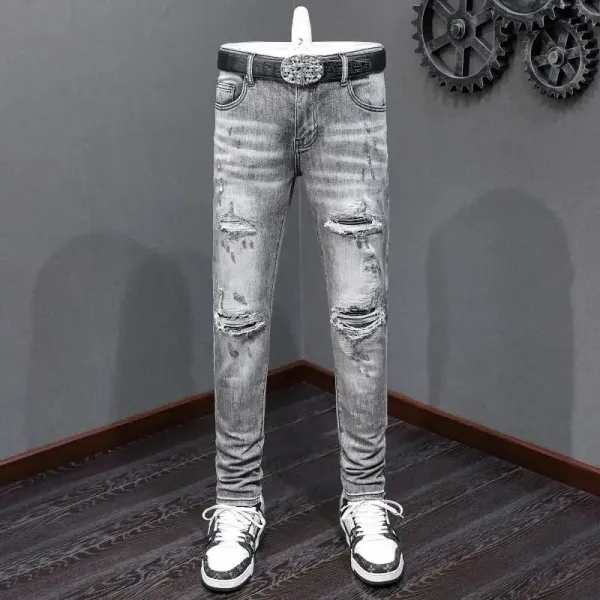 Design Distressed Slim Fit Gray Jeans with Embellished Belt - 1