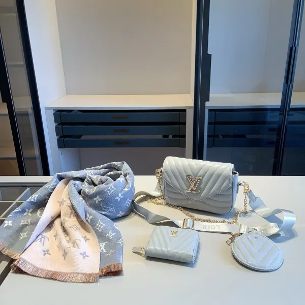 Louis Vuitton Dauphine Mini Quilted Light Blue Leather Crossbody Bag Set with Scarf - 1