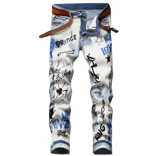 Design Graffiti Print Distressed Slim Fit Jeans - 1