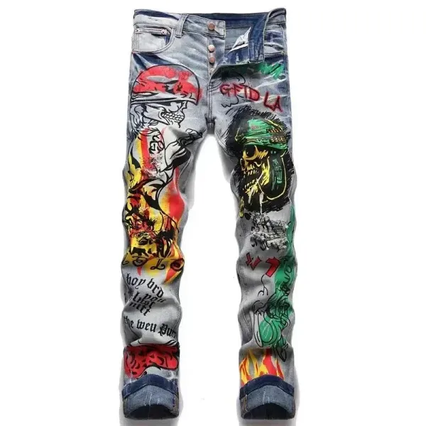 Design Custom Skull Graffiti Washed Denim Jeans - 1