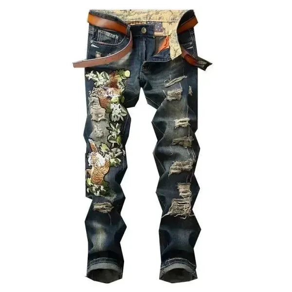 Design Embroidered Tiger Motif Distressed Slim Fit Jeans - 1