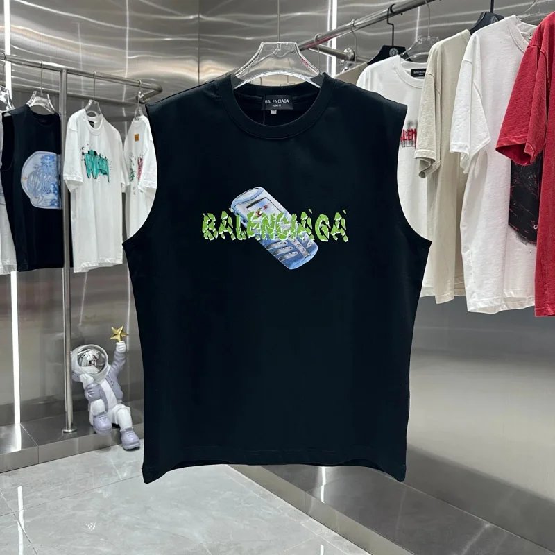 Balenciaga Phone Graphic Sleeveless T-Shirt Black Vest Top