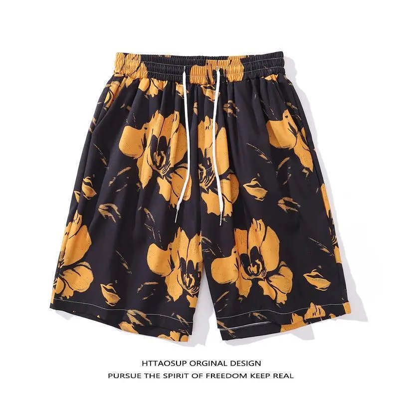 HTTAOSUP Original Design Floral Print Drawstring Shorts Black - 4