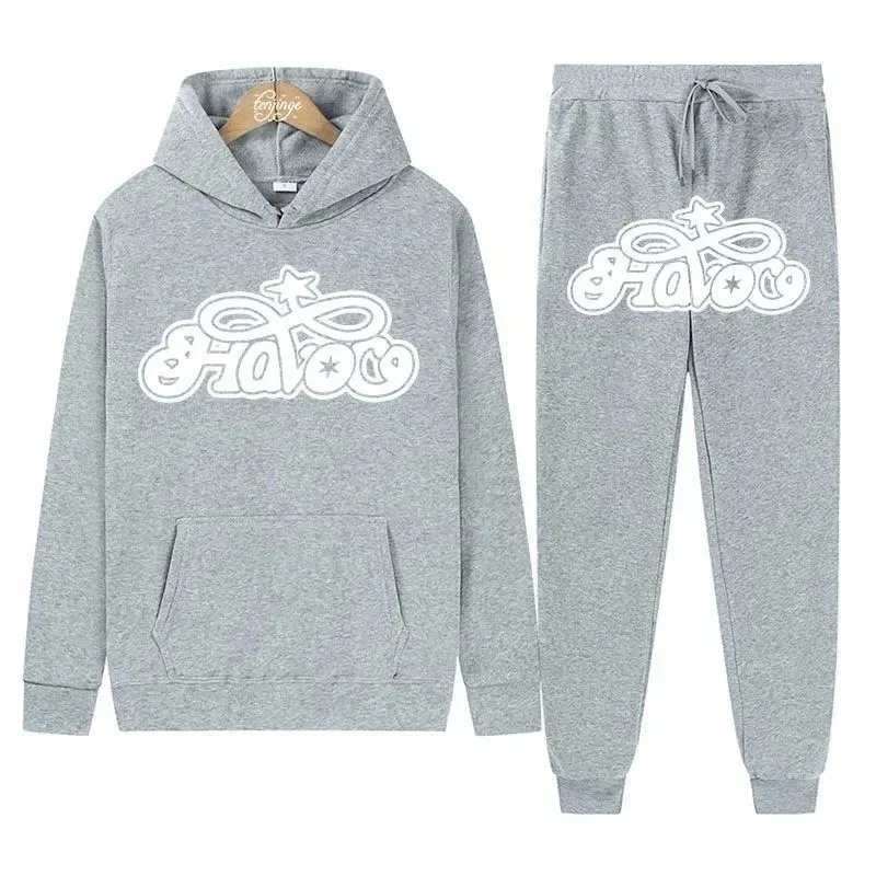 Design Hoodie and Sweatpants Set Gray Streetwear Tracksuit - 8