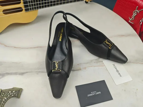Saint Laurent Tribute Slingback Black Leather Pointed-Toe Heels - 1