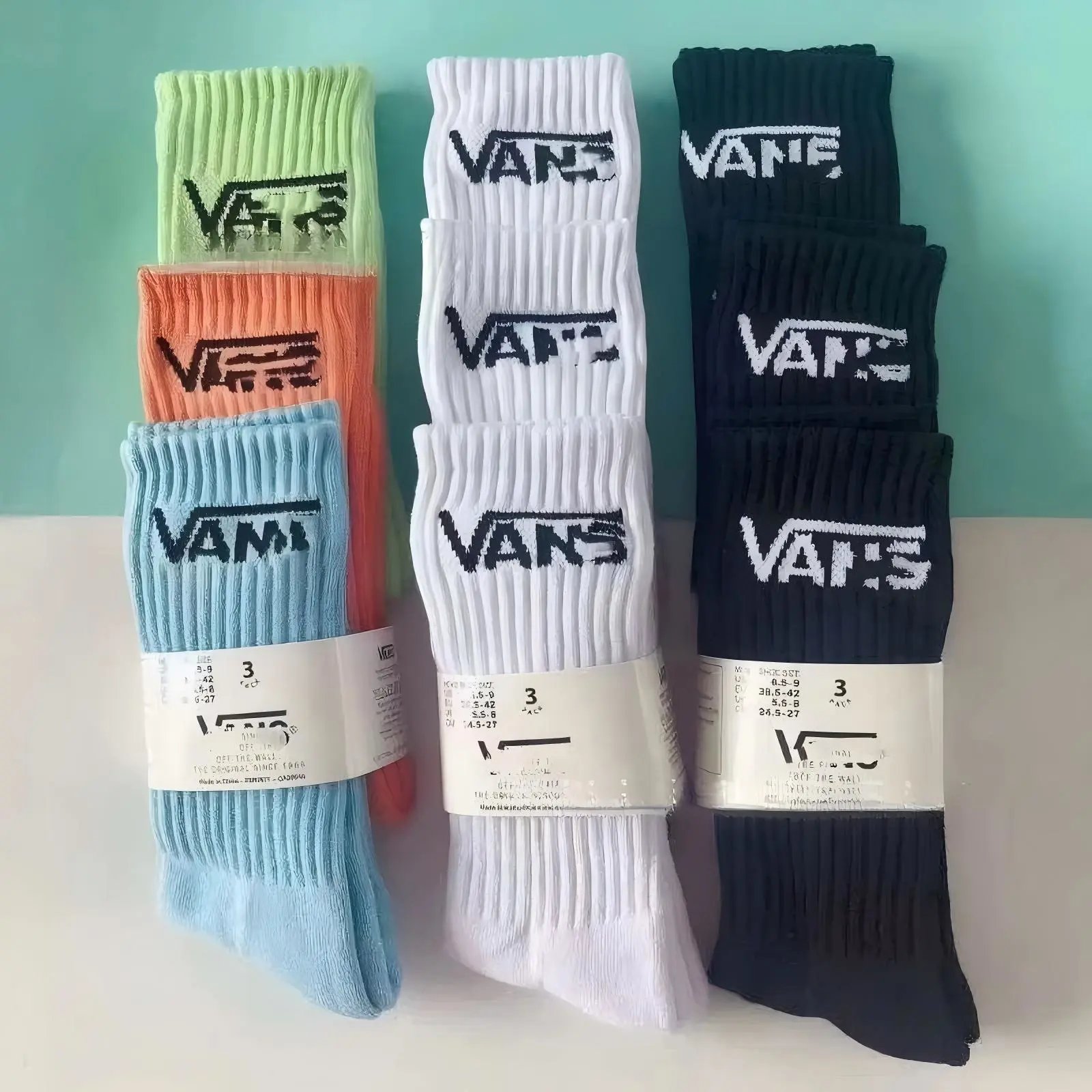 Vans Crew Socks in Blue, Orange, White, and Black