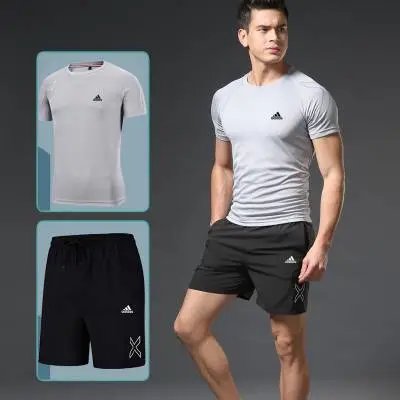Adidas Performance T-Shirt and Shorts Set Gray/Black Activewear - 1