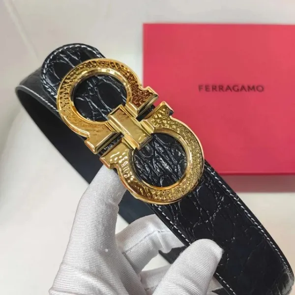 Salvatore Ferragamo Gancini Double G Buckle Black Crocodile-Embossed Leather Belt - 1