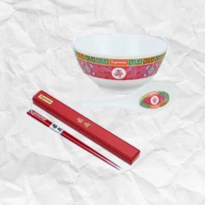 In Stock Supreme 17FW Chopsticks Red Longevity Soup Set Longevity Bowl Chopsticks Spoon