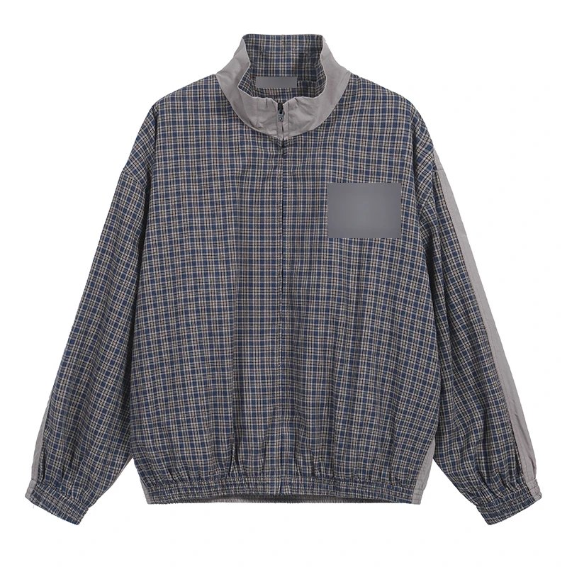 Blue and Grey Plaid Zip-Up Jacket