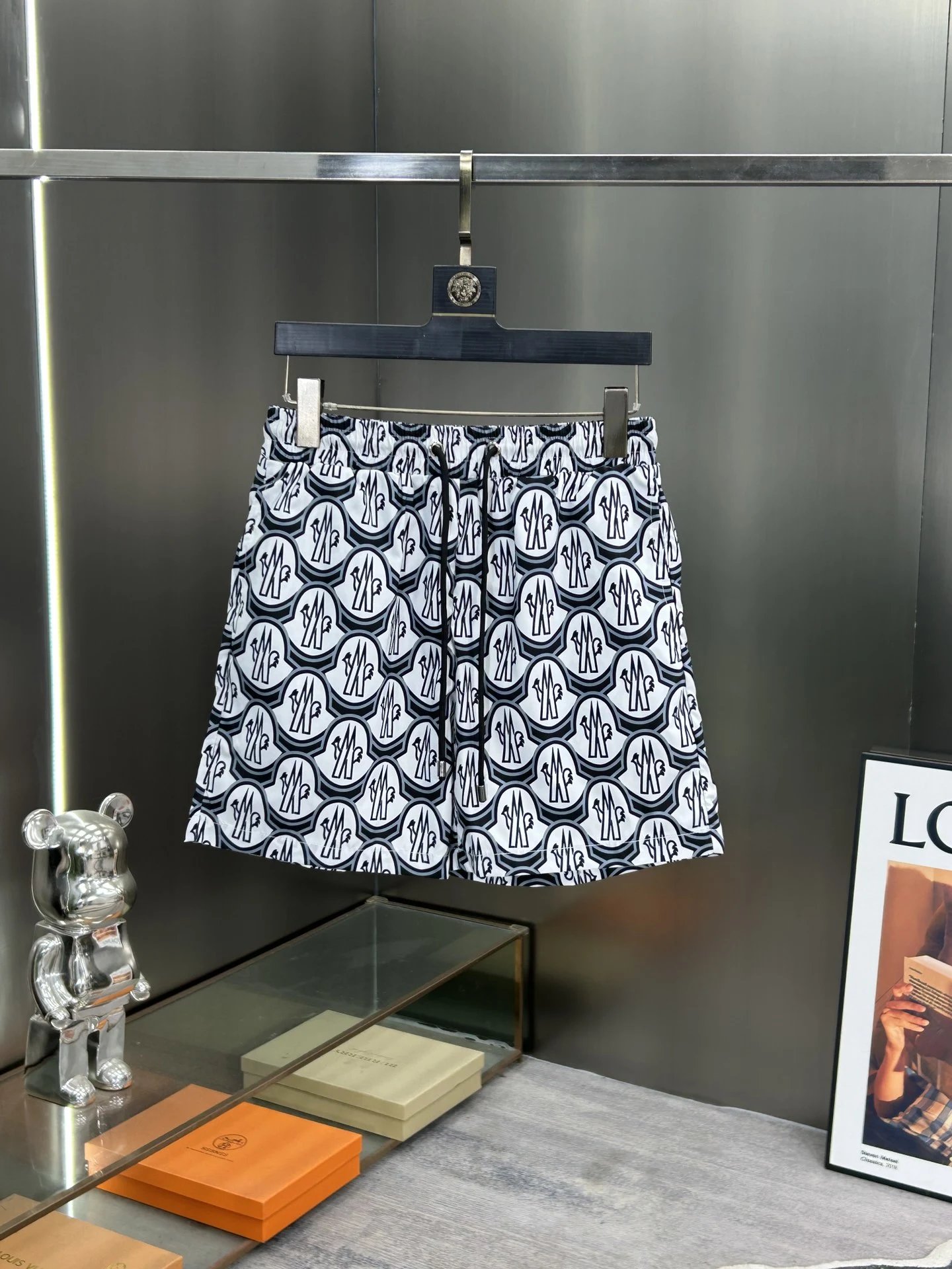 Moncler Allover Logo Print Swim Shorts White Navy