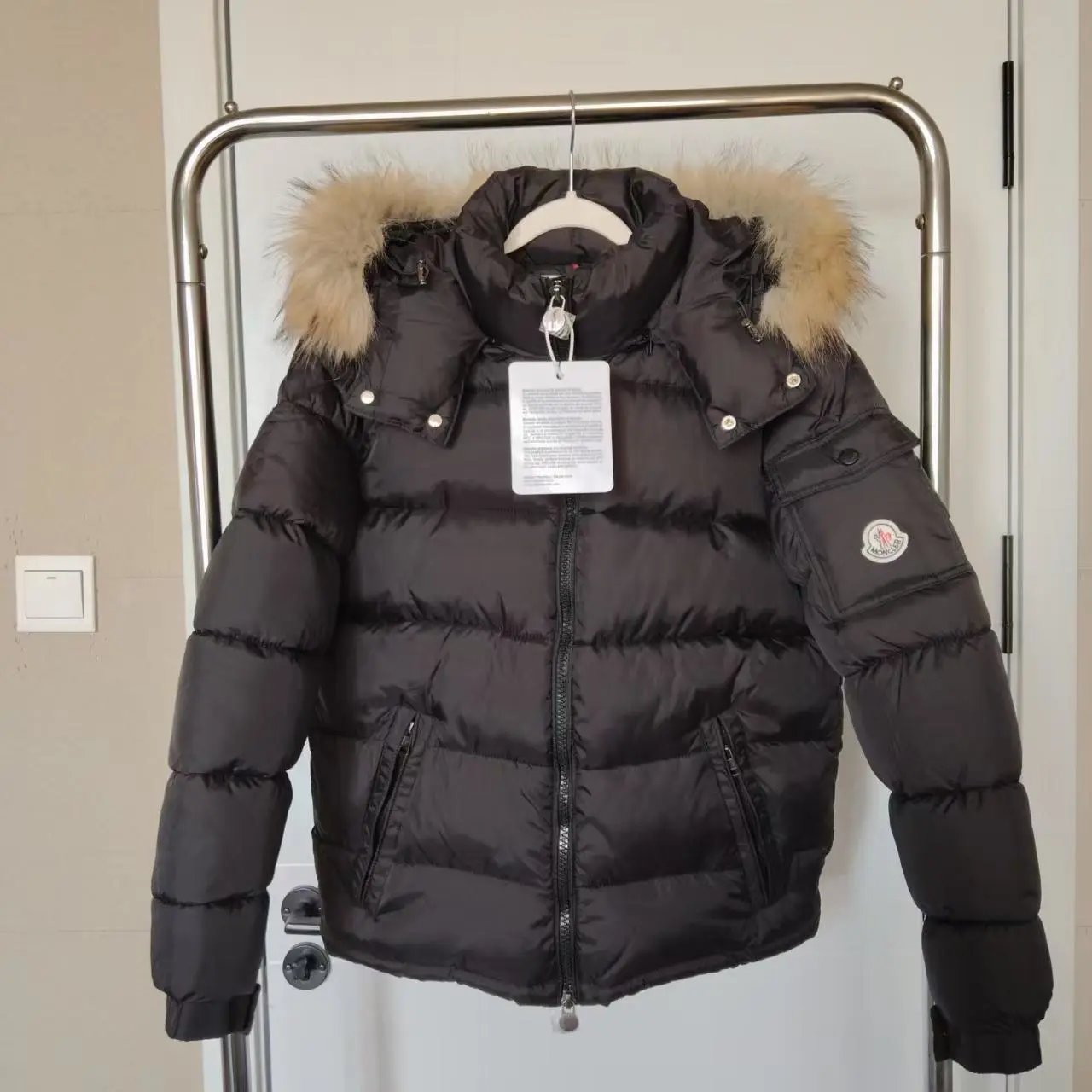 Moncler Puffer Jacket Down Fur Trimmed Black