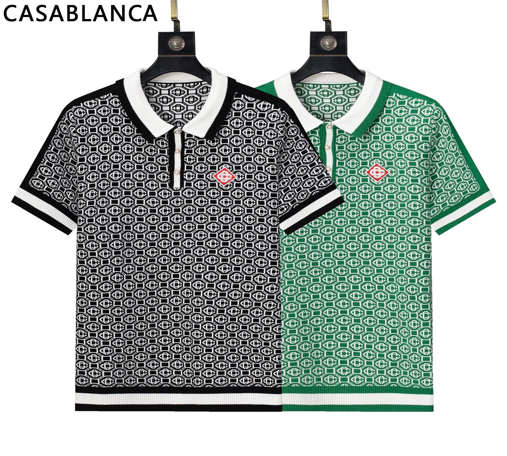 Casablanca Patterned Knit Polo Green and White Polo Shirt - 7