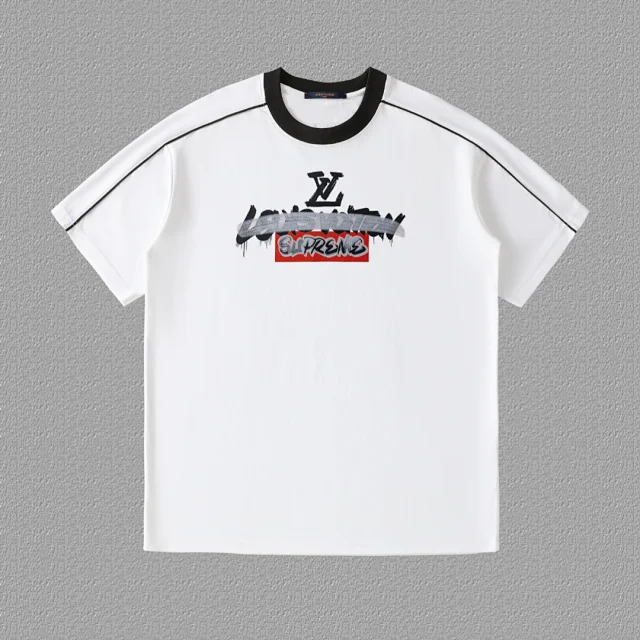 Louis Vuitton T-Shirts Contrast Ringer Collar and Shoulder Piping Graphic T-Shirt product detail image 4