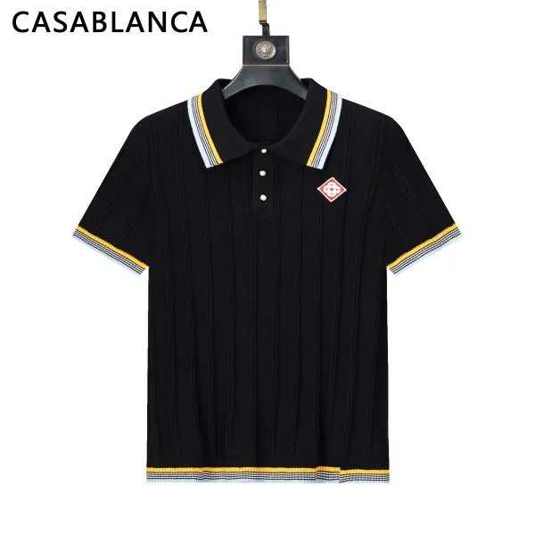 Casablanca Ribbed Knit Polo Black with Yellow and Light Blue Trim Tops Polo - 1