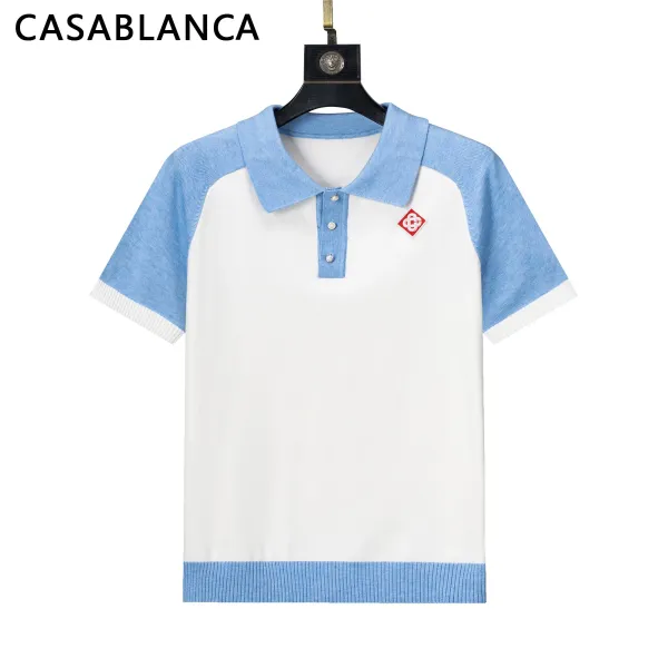 Casablanca Color-Block Knit Polo White and Sky Blue Polo Tops Polo - 1