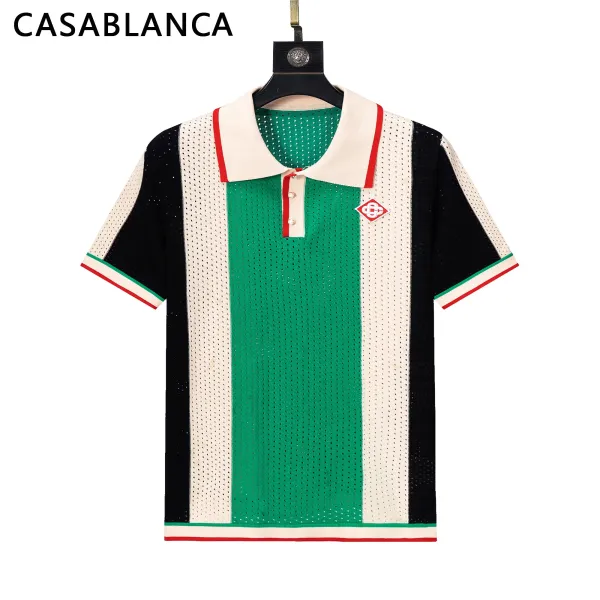 Casablanca Striped Mesh Polo Green / Black / White Polo Tops Polo - 1