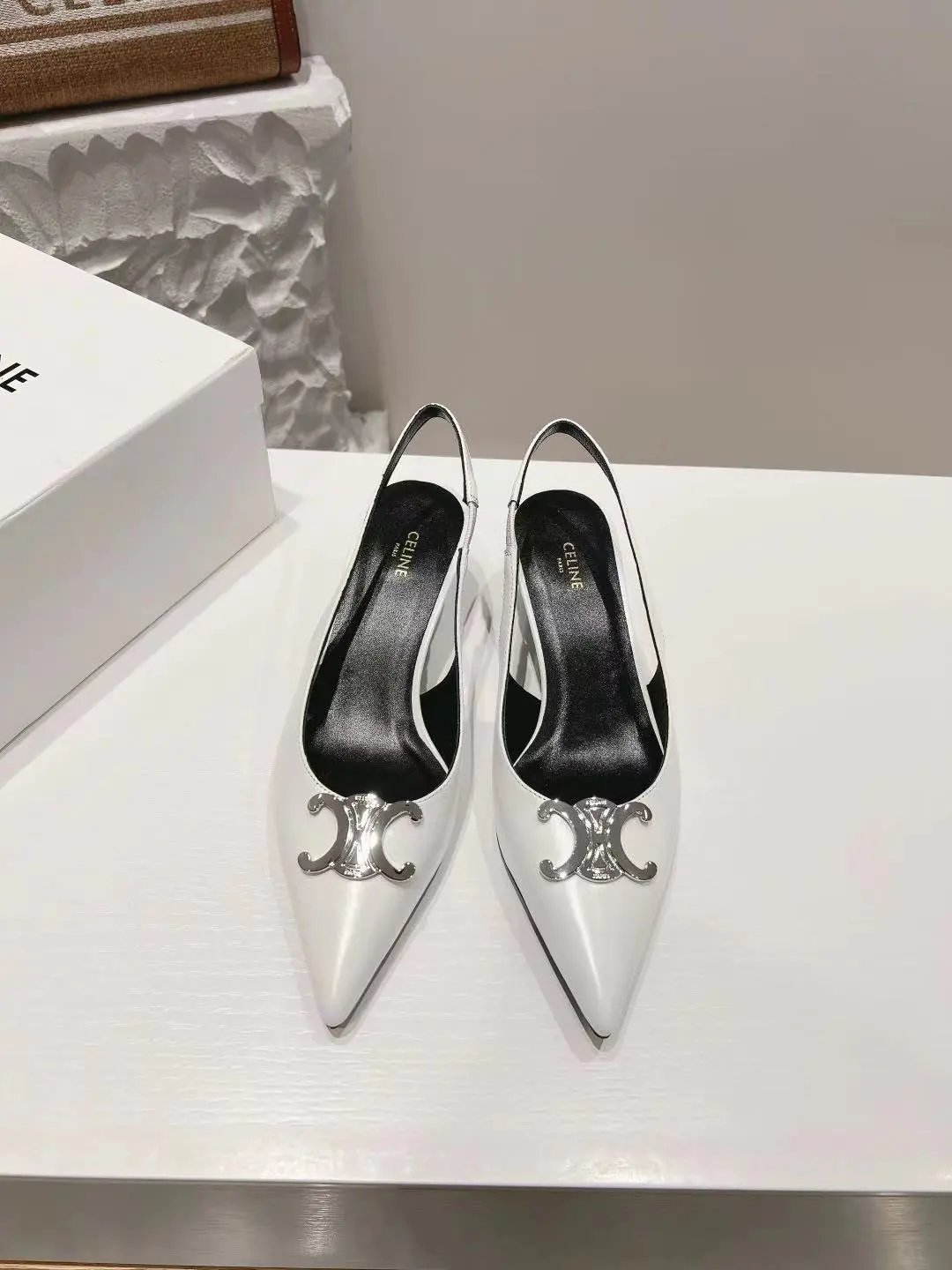 Celine Triomphe Pointed-Toe Pumps White Leather Heels Stilettos - 6