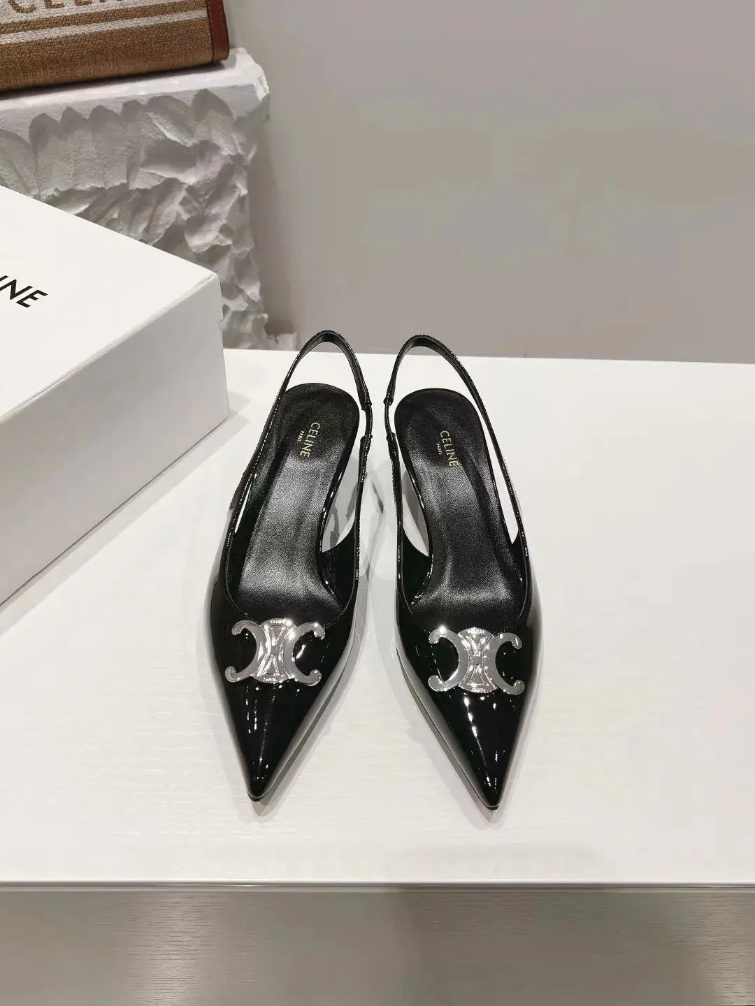 Celine Triomphe Pointed-Toe Pumps White Leather Heels Stilettos - 11