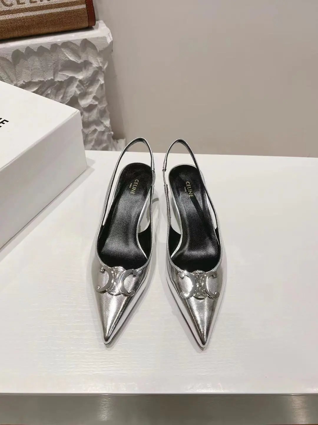 Celine Triomphe Pointed-Toe Pumps White Leather Heels Stilettos - 8