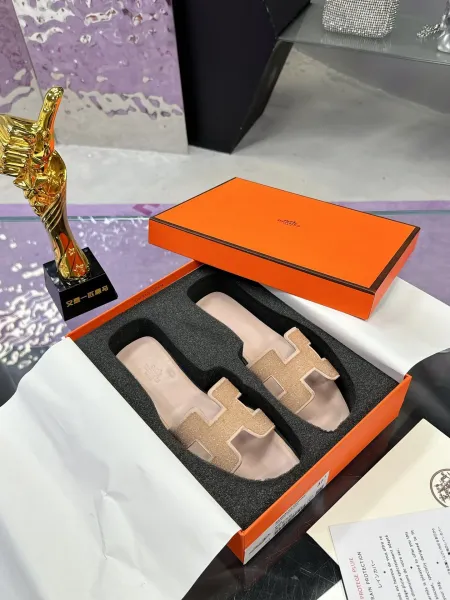 Hermès Oran Sandals Glitter Gold Beige Slippers - 1