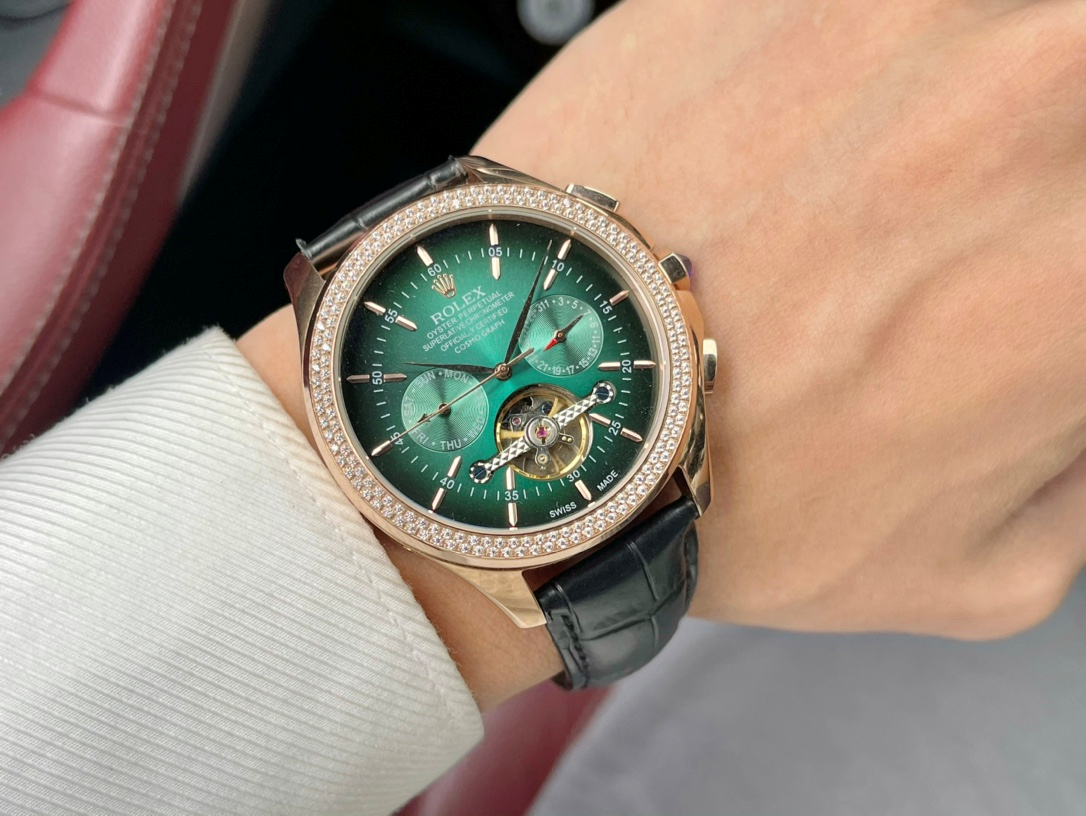 Rolex Cellini Chronograph Green Dial Rose Gold Diamond Bezel Mechanical Watch Watches - 1