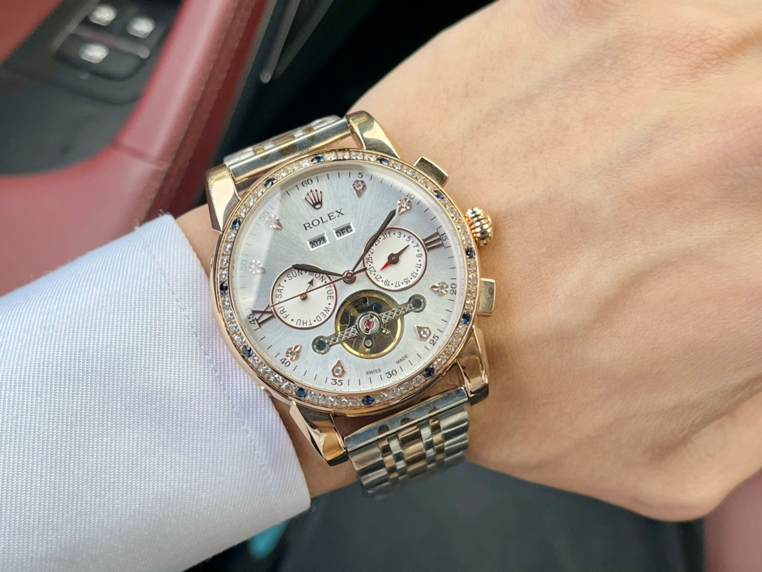 Rolex Watches Open-heart calendar watch with crystal-set bezel and metal link bracelet — A-6