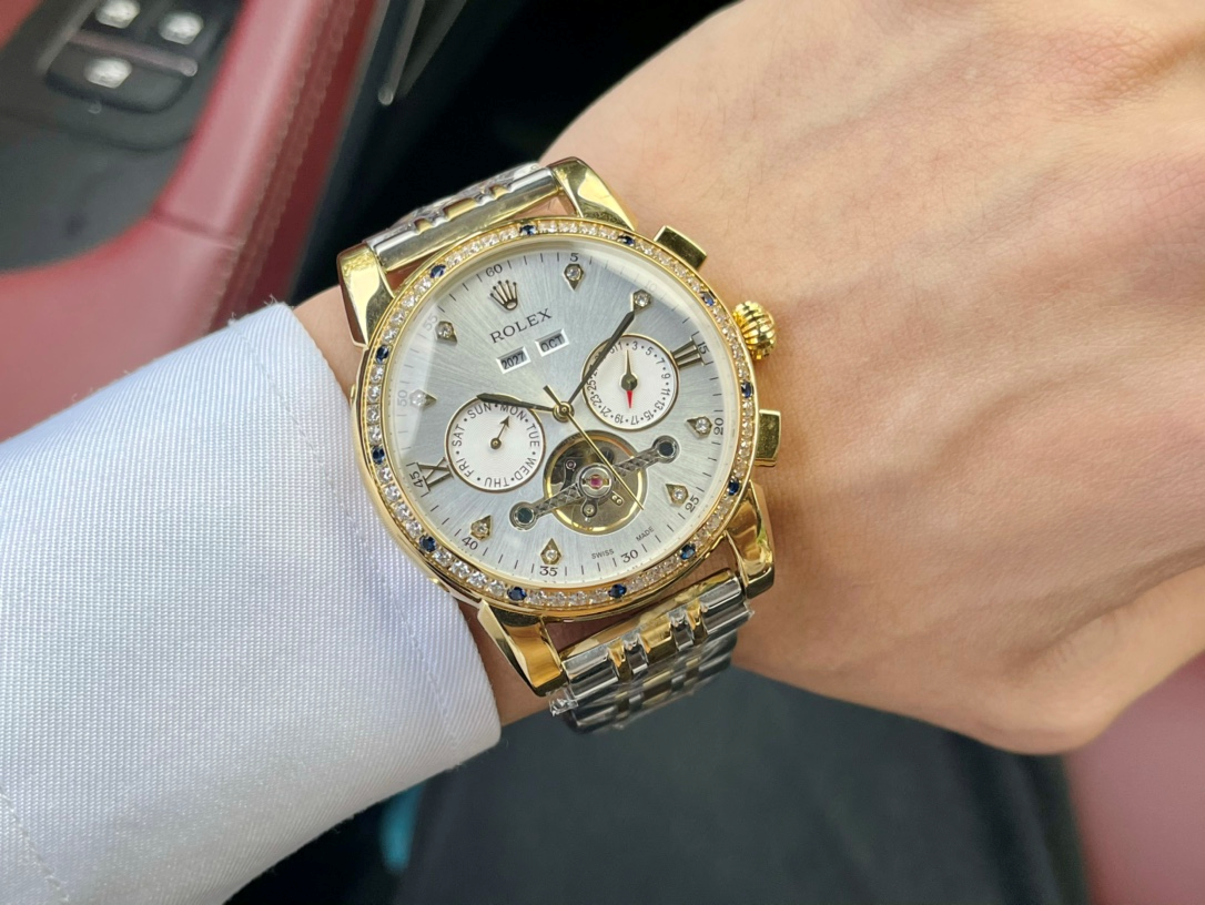Rolex Watches Open-heart calendar watch with crystal-set bezel and metal link bracelet — A-3