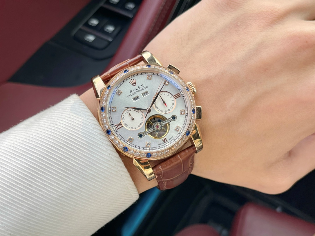 Rolex Watches Open-heart calendar watch with crystal-set bezel and metal link bracelet — C-4