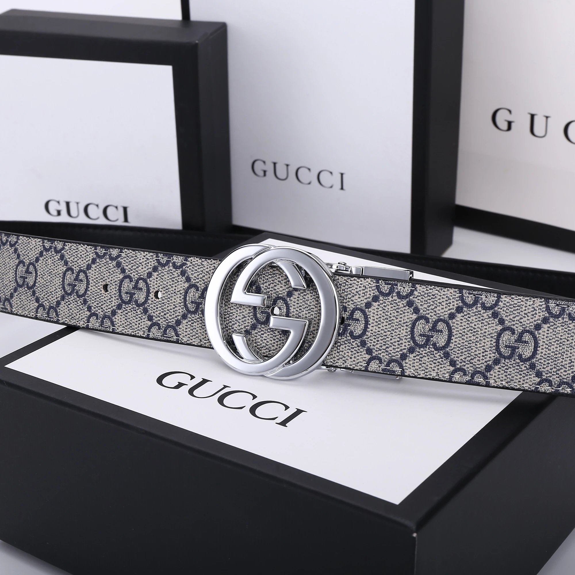 Gucci GG Marmont Canvas Belt Gray / Blue - 3