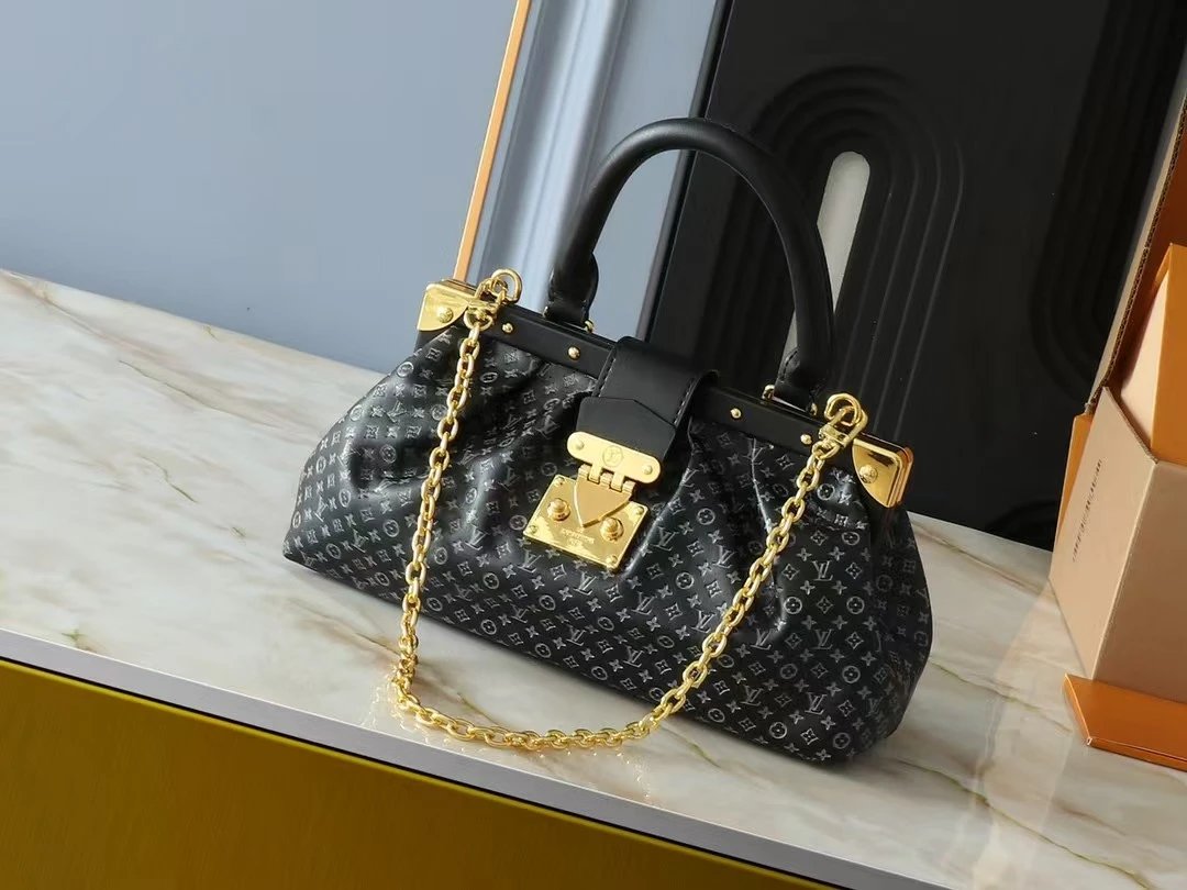 Louis Vuitton Madeleine BB Handbag Black Monogram Eclipse Canvas with Black Leather and Gold Chain