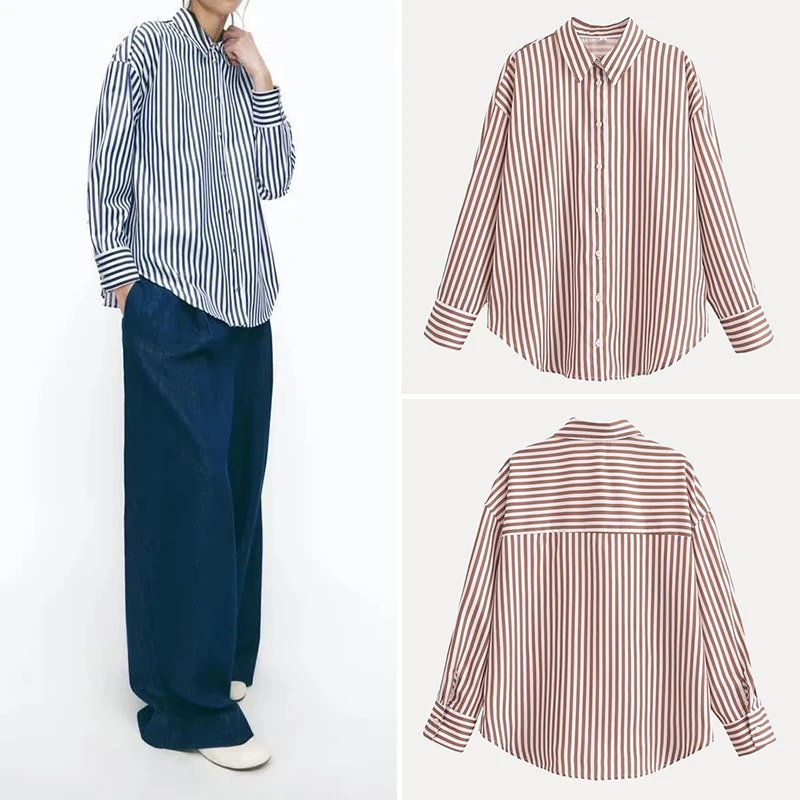 春季女装金属色线时尚条纹长袖翻领衬衫 - 131242