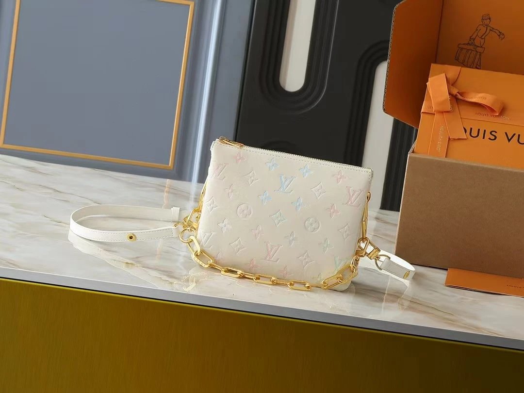 Louis Vuitton Coussin PM Crossbody Bag White Monogram Embossed Leather with Pastel Multicolor Accents