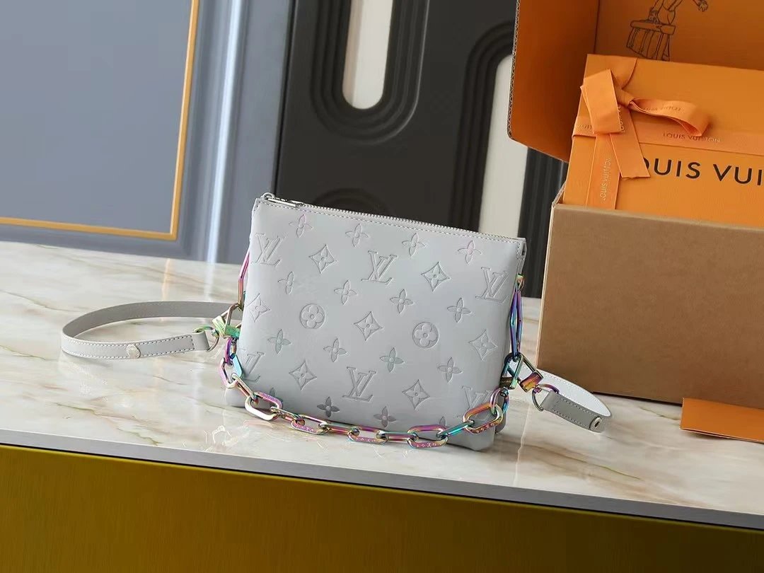 Louis Vuitton Coussin PM Crossbody Bag Light Grey Monogram Embossed Leather with Iridescent Rainbow Chain