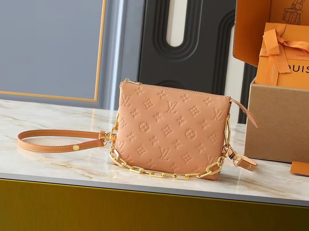 Louis Vuitton Coussin BB Shoulder Bag Peach Monogram Embossed Leather with Gold Chain