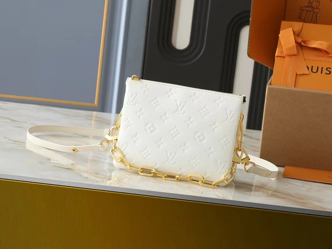 Louis Vuitton Coussin BB Shoulder Bag White Monogram Embossed Leather with Gold Chain