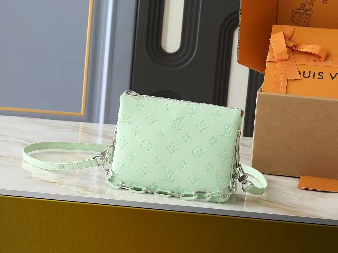 Louis Vuitton Coussin PM Crossbody Bag Mint Green Monogram Embossed Leather with Silver Chain
