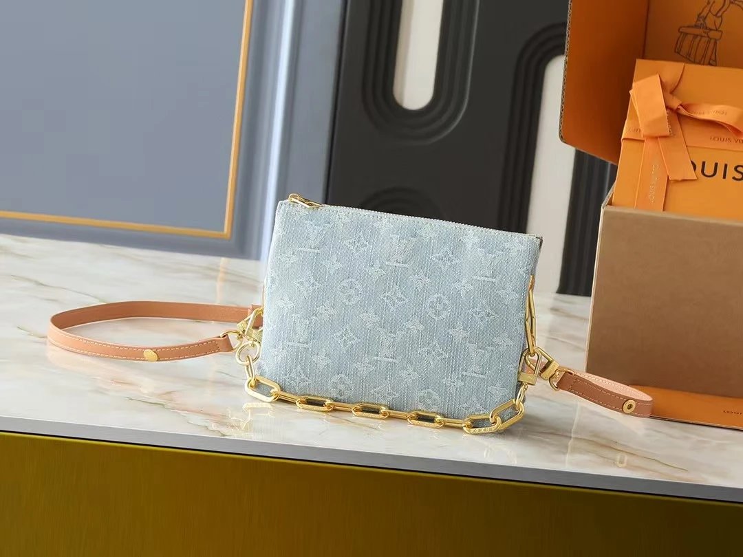 Louis Vuitton Coussin PM Crossbody Bag Light Blue Denim Monogram Jacquard with Gold Chain