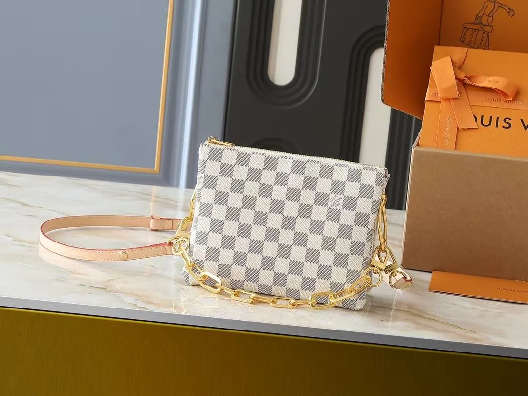 Louis Vuitton Coussin PM Crossbody Bag White Damier Azur Canvas with Gold Chain