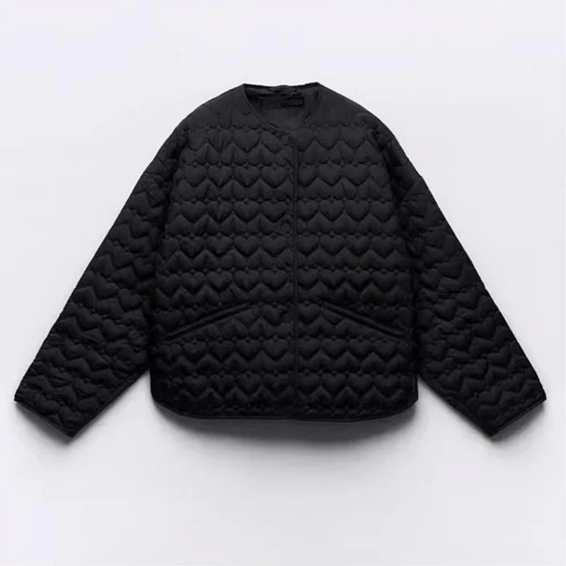 新款短款宽松心形绗线轻薄黑色棉服夹克外套 - 131820