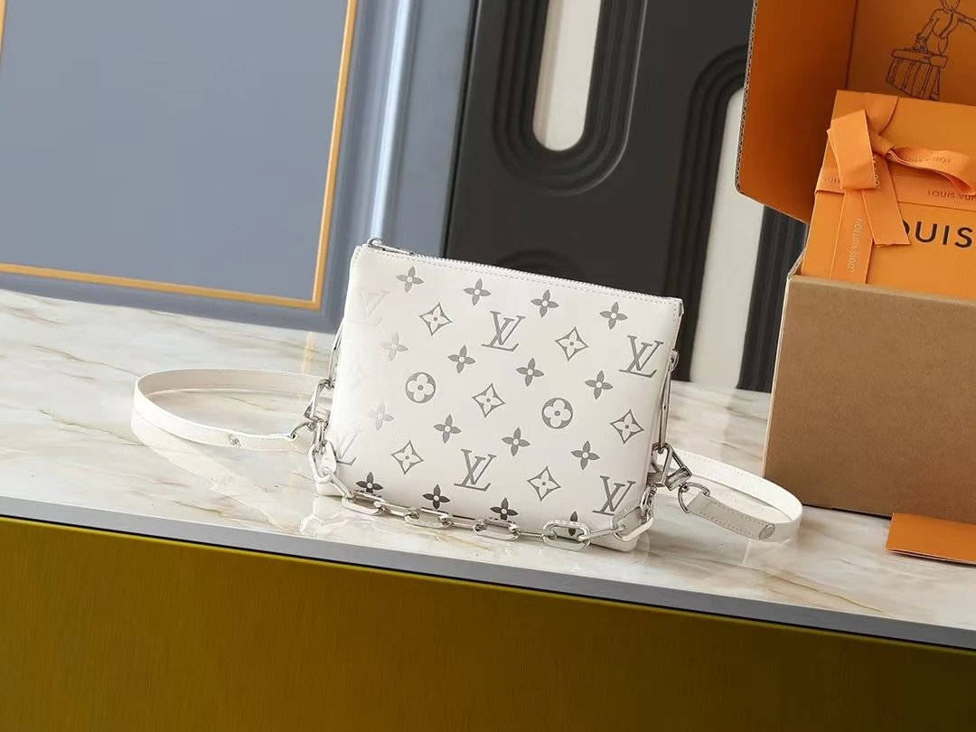 Louis Vuitton Coussin PM Crossbody Bag White Monogram Embossed Leather with Silver Chain