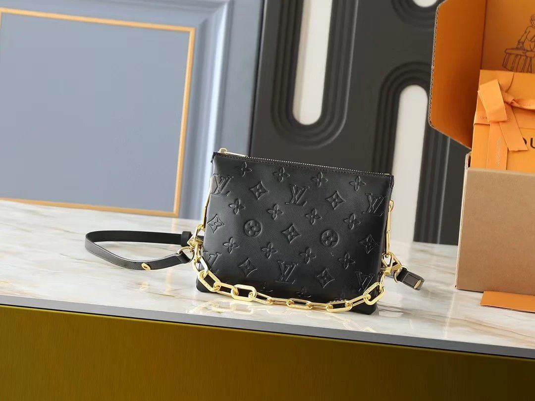 Louis Vuitton Coussin BB Shoulder Bag Black Monogram Embossed Leather with Gold Chain