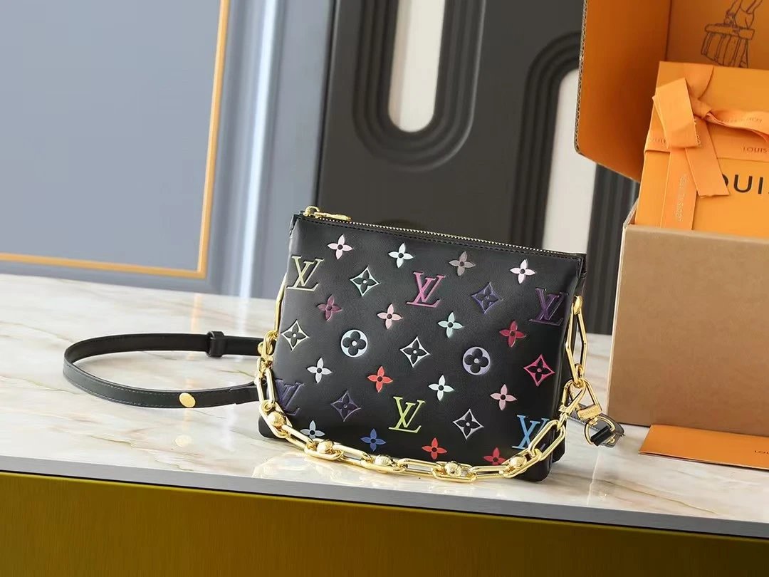 Louis Vuitton Coussin BB Shoulder Bag Black Multicolor Monogram Embossed Leather with Gold Chain