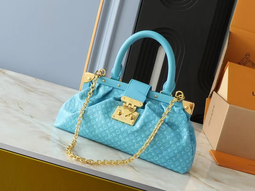 Louis Vuitton Madeleine BB Handbag Sky Blue Monogram Embossed Leather with Gold Chain