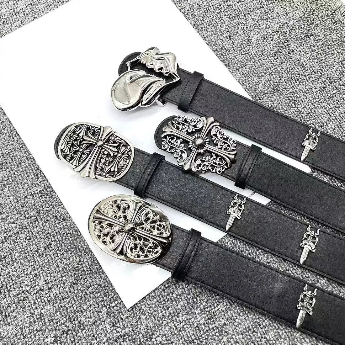 Crown Cross Studded Belt for Men, Metal Openwork Belt for Women, Holy Sword Retro Style Leather Belt