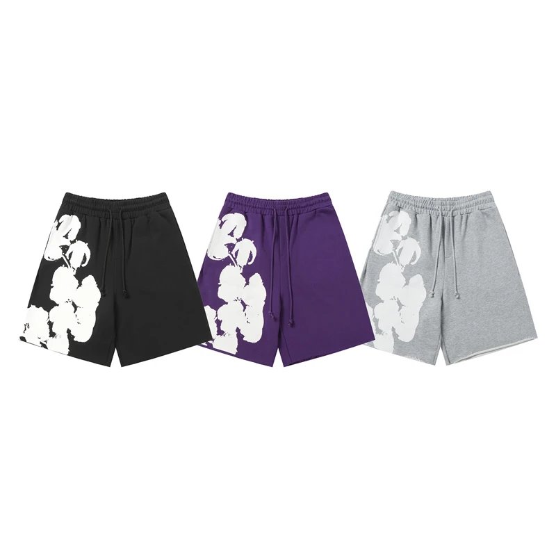 Design Abstract Floral Print Purple Sweat Shorts - 4