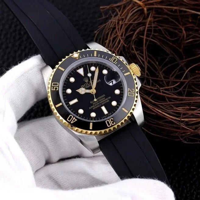 Rolex Submariner Date Black Dial Black Ceramic Bezel Two-Tone Gold Black Rubber Strap