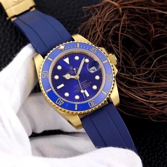 Rolex Submariner Date Blue Dial Blue Ceramic Bezel Full Yellow Gold Blue Rubber Strap