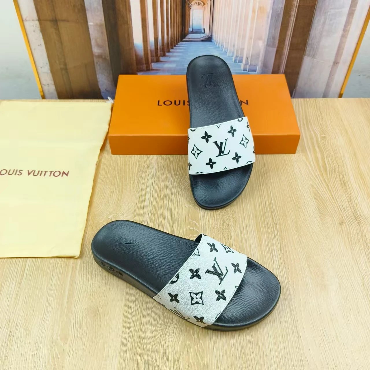 Louis Vuitton Waterfront Mule Slides White Black Monogram